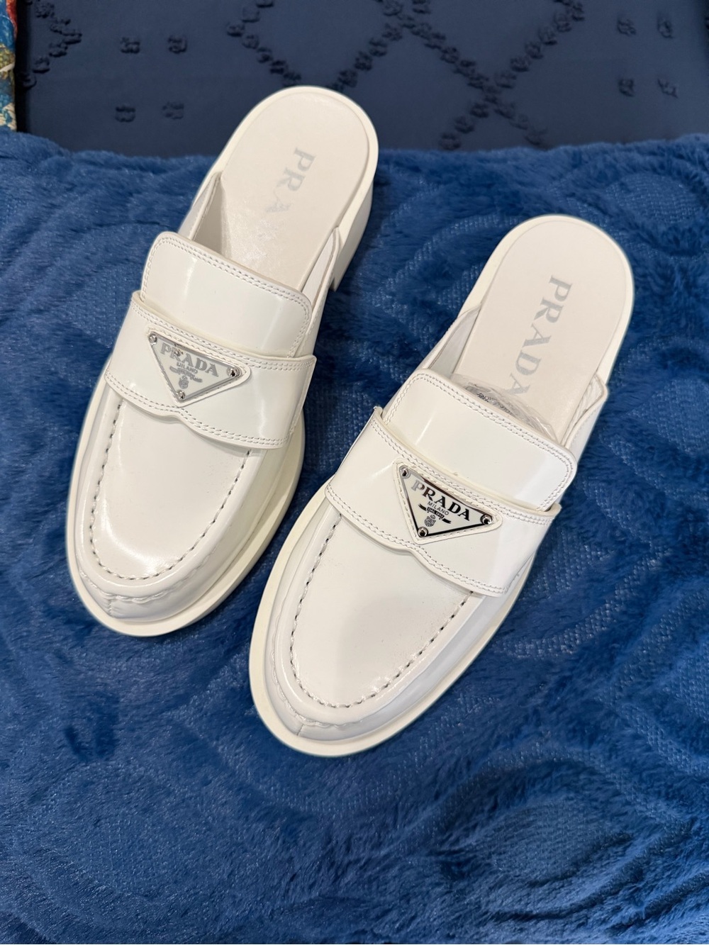 Prada White Patent Leather Logo Triangle Mule Slides